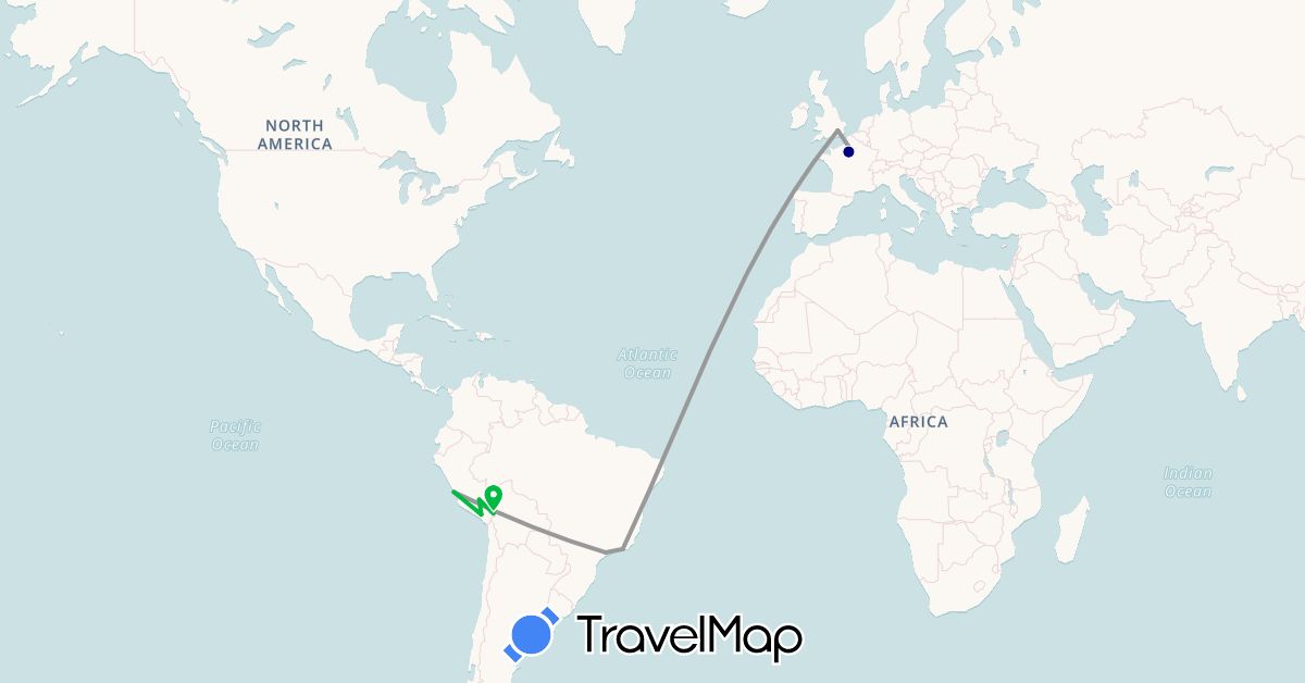 TravelMap itinerary: driving, bus, plane in Brazil, France, United Kingdom, Peru (Europe, South America)